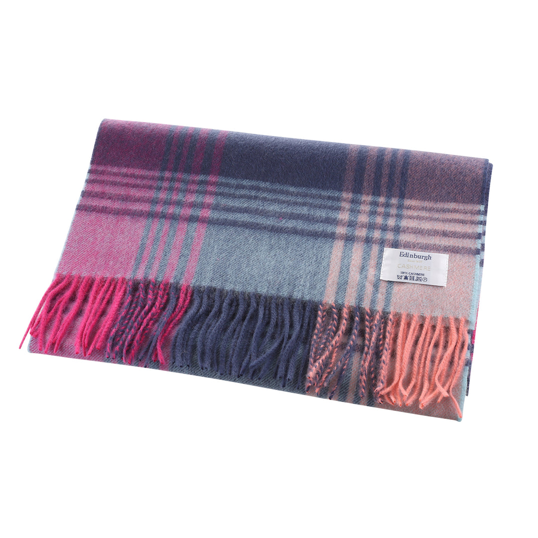 Edinburgh 100% Cashmere Wide Scarf  Broken Check - Orange/Pink/Denim