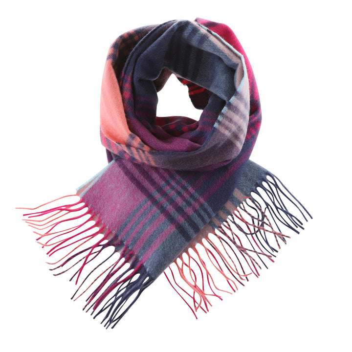 Edinburgh 100% Cashmere Wide Scarf  Broken Check - Orange/Pink/Denim